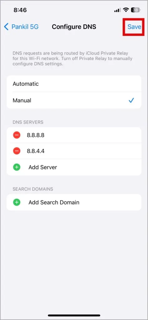 Guardar la configuración de DNS en iPhone