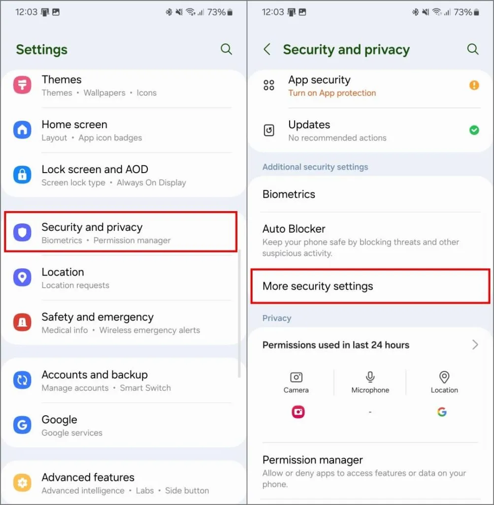 Configuración de seguridad y privacidad en One UI 6.1 en el teléfono Samsung Galaxy