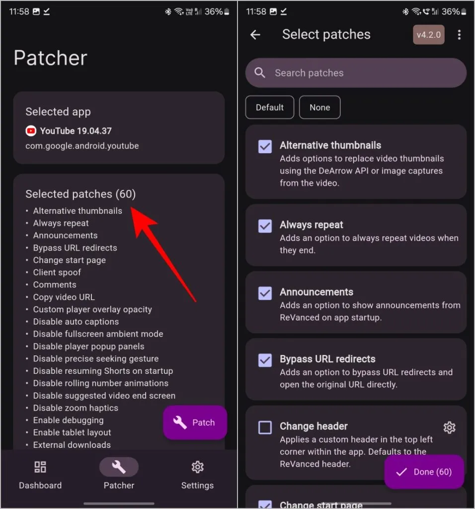 Patches selecteren voor de YouTube-app in Revanced Manager