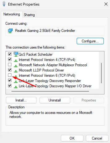 インターネット プロトコル バージョン 6 (TCP/IPv6) のチェックを外します。