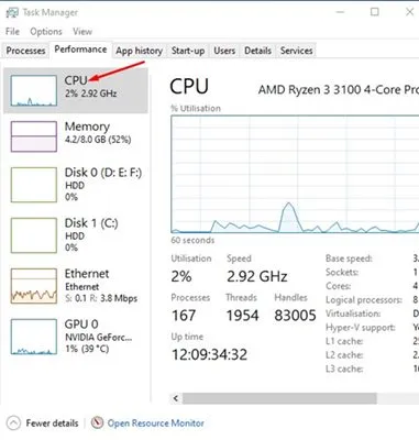 Opção de CPU