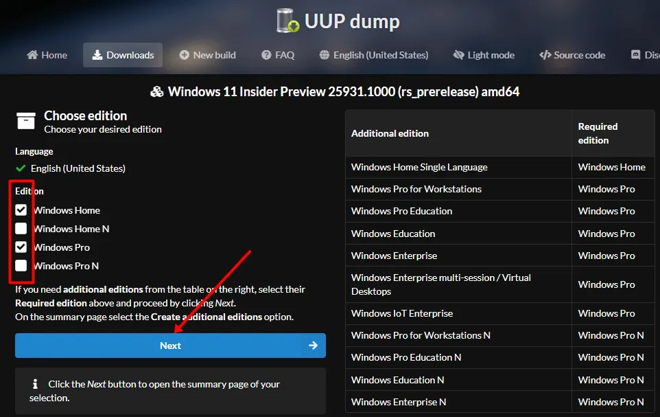Wählen Sie die Windows 11-Editionen aus, die Sie herunterladen möchten, und tippen Sie dann auf Weiter