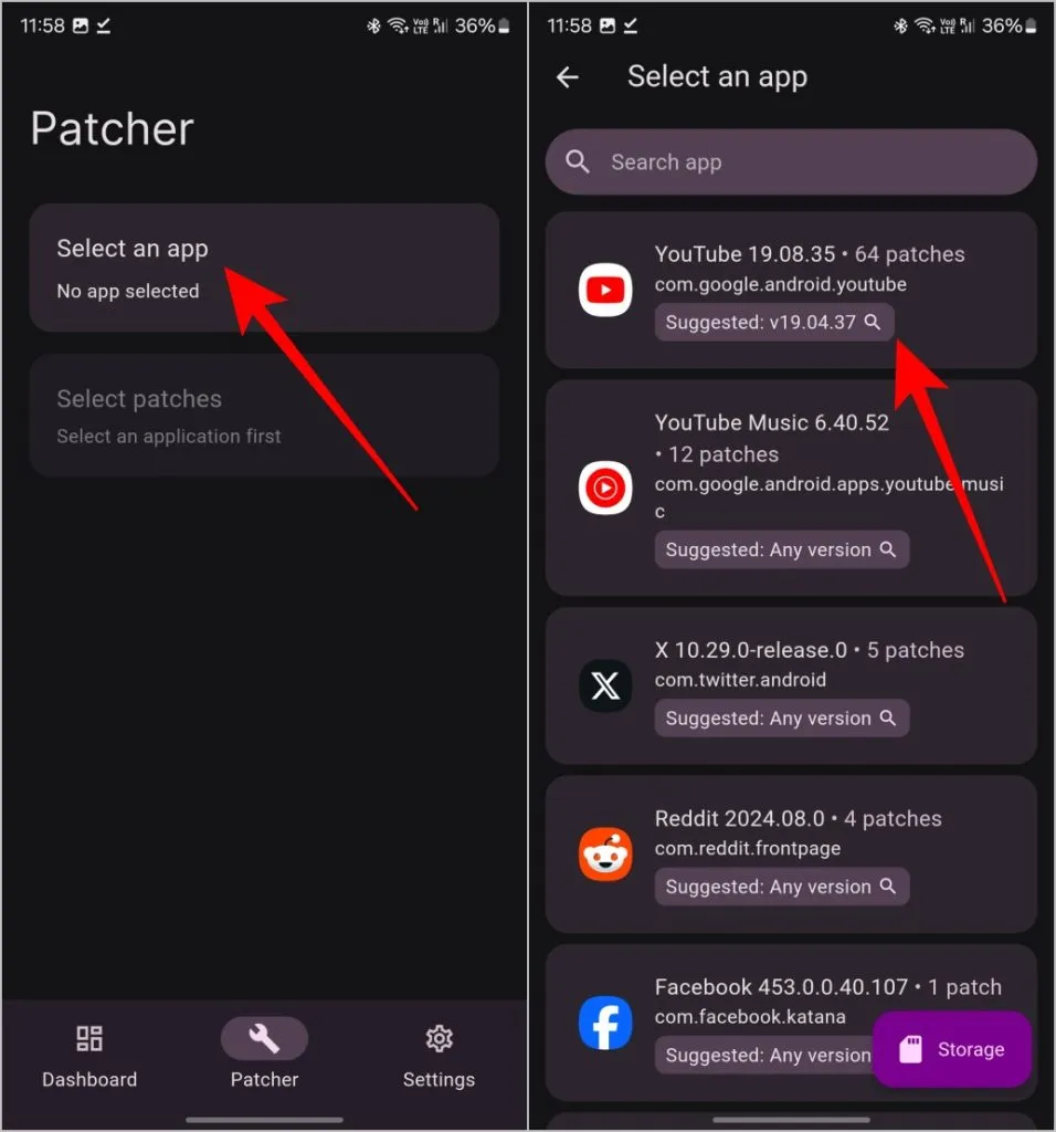 Patchen van de YouTube-app op de Revanced Manager-app