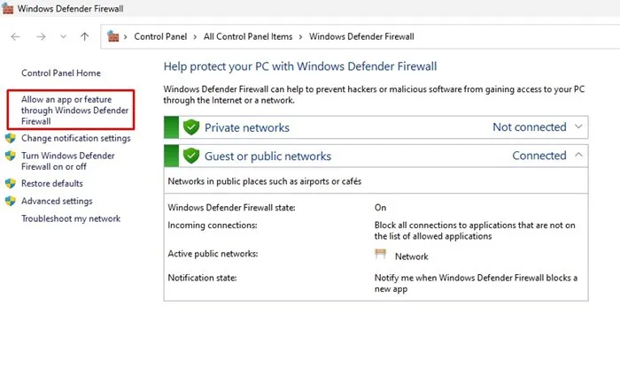 'Tillat en app eller funksjon gjennom Windows Defender-brannmuren