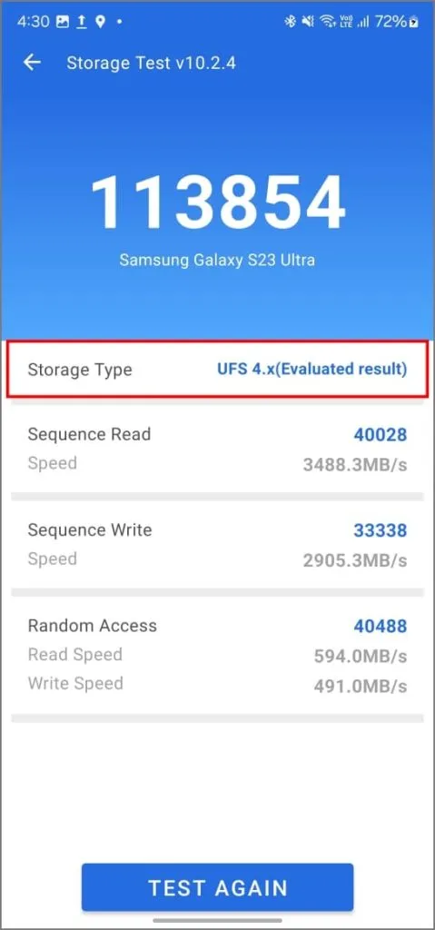 Tallennustesti Androidin AnTuTu-sovelluksessa