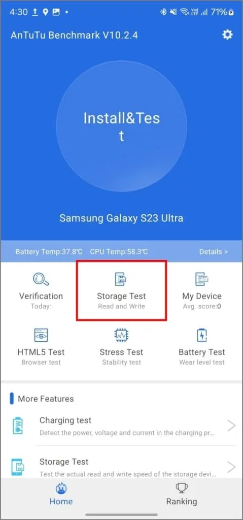 Krātuves pārbaude Android lietotnē AnTuTu