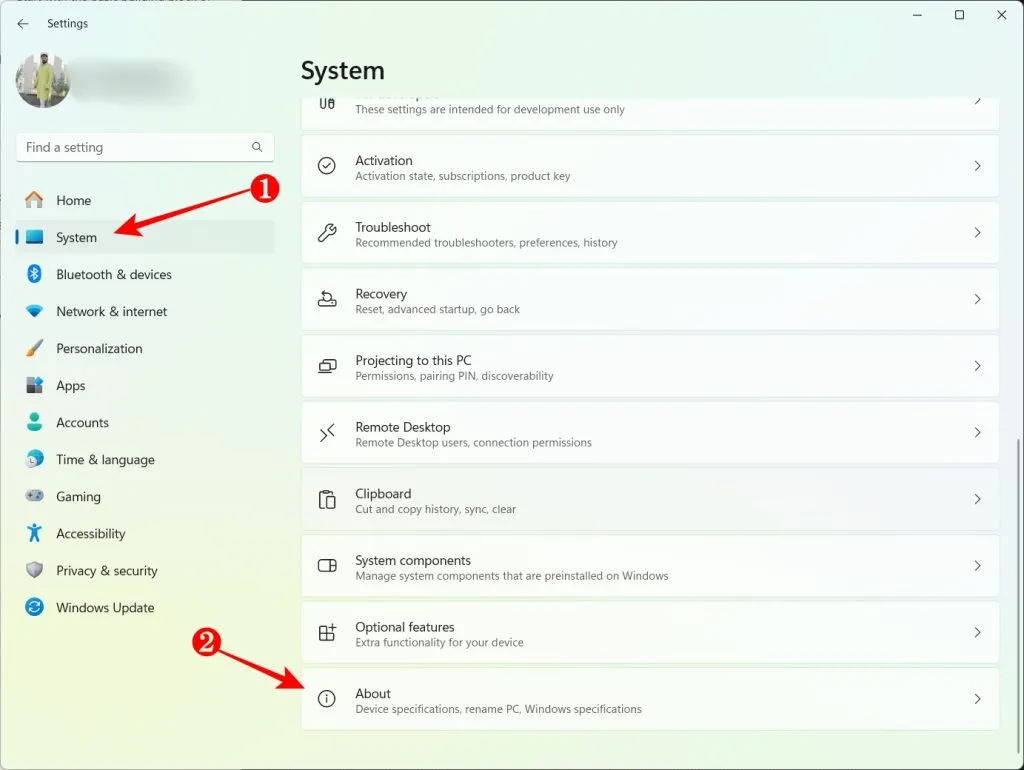 Wählen Sie System in der linken Seitenleiste und wählen Sie Info im rechten Bereich