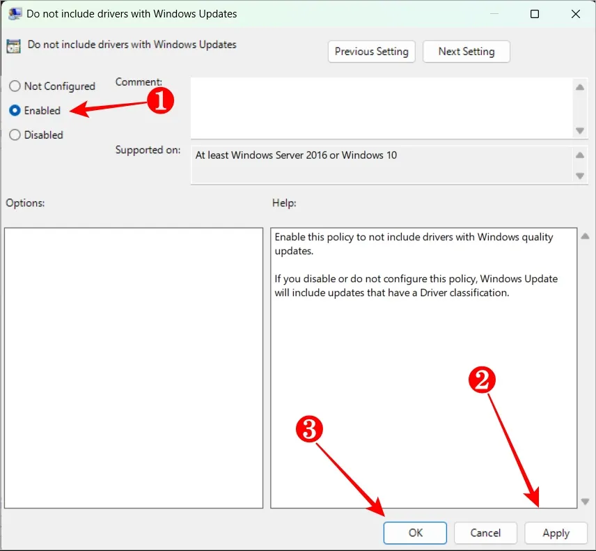 Aktiver alternativet for å ikke inkludere drivere med Windows-oppdateringer i Group Policy Editor og trykk deretter på Bruk.