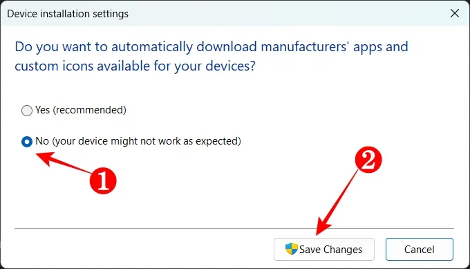 Choisissez Non et appuyez sur Enregistrer les modifications