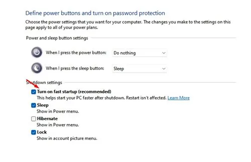 iespējojiet Ieslēgt ātru startēšanu