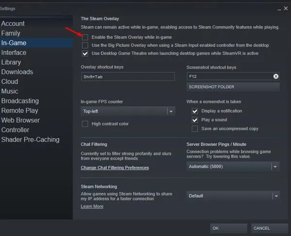 desmarque a opção ‘Ativar a sobreposição do Steam durante o jogo’