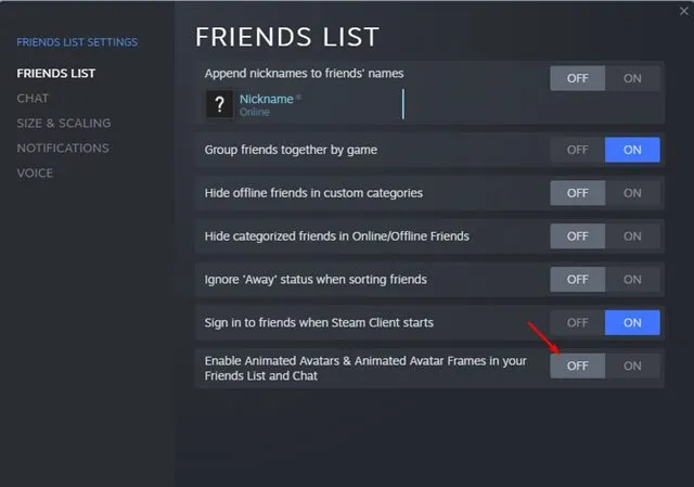 schakel 'Geanimeerde avatars en geanimeerde avatarframes inschakelen in je vriendenlijst en chat' uit