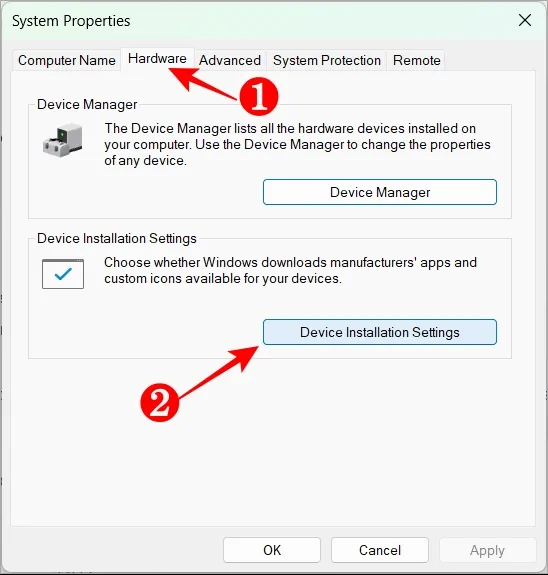 Gehen Sie im sich öffnenden Fenster „Systemeigenschaften“ zur Registerkarte „Hardware“ und klicken Sie auf die Schaltfläche „Geräteinstallationseinstellungen“