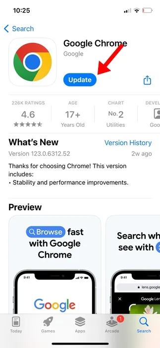 Opdater Chrome-browseren på iPhone