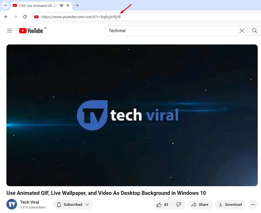 copiare l'URL del video di YouTube