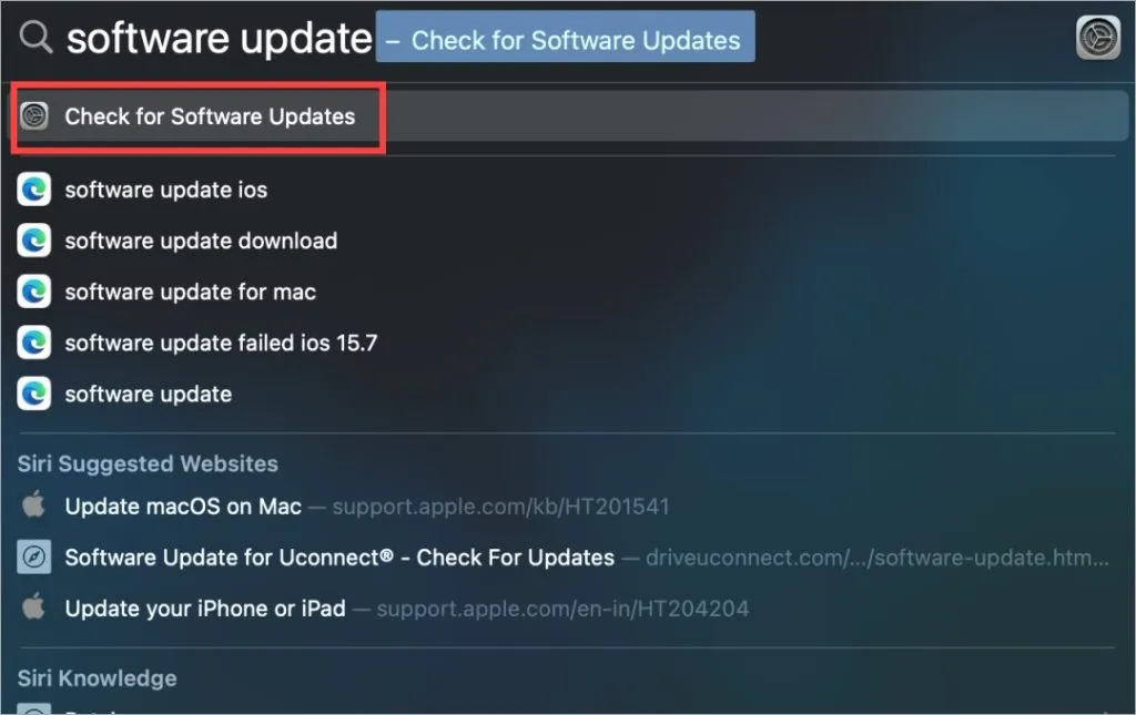 controleer de software-update in de spotlight