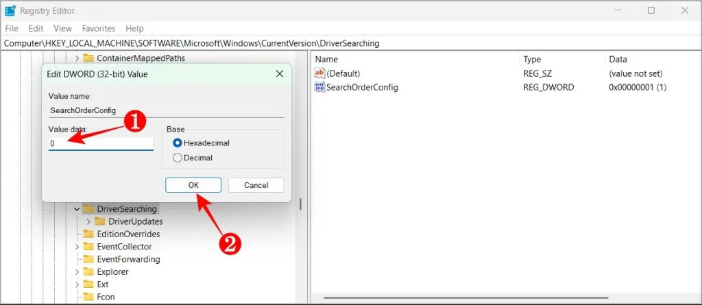 Legg til 0 i verdidataboksen i SearchOrderConfig DWORD og trykk OK for å bruke endringen.