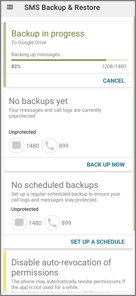 SMS Backup-prosessen begynner på Android