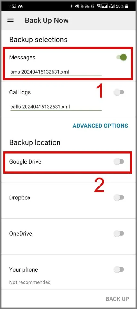 Seleccione la copia de seguridad en la nube de Google Drive