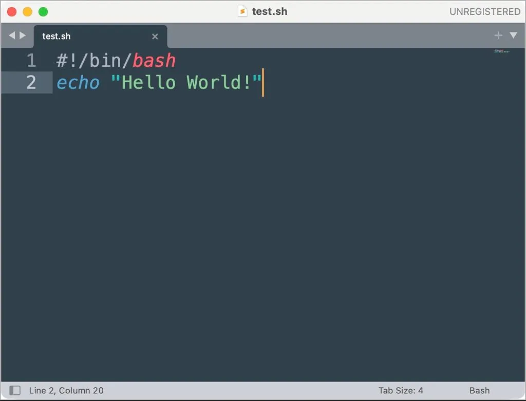 File Shell Script nell'editor di testo Sublime su Mac