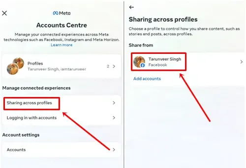프로필과 Facebook 계정 간 공유를 탭하세요.