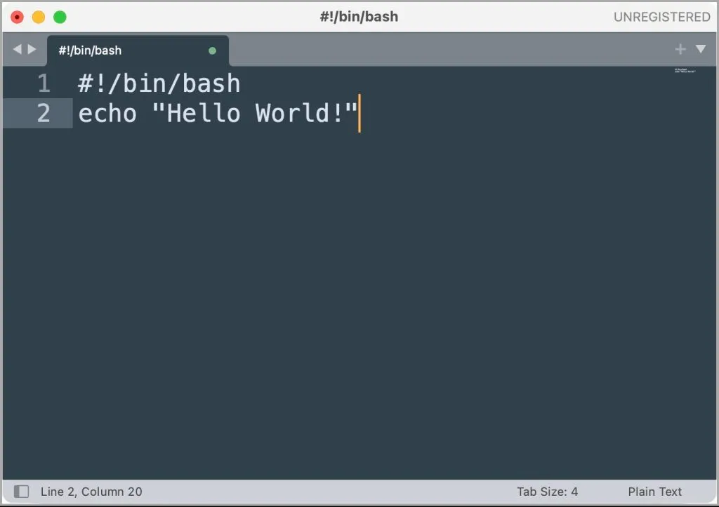 Test shell script-fil i Sublime Text editor.