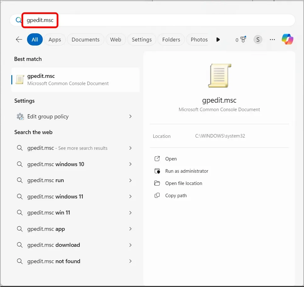 Otevřete Editor zásad skupiny z Windows Search