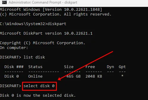 Geben Sie select disk 0 ein.