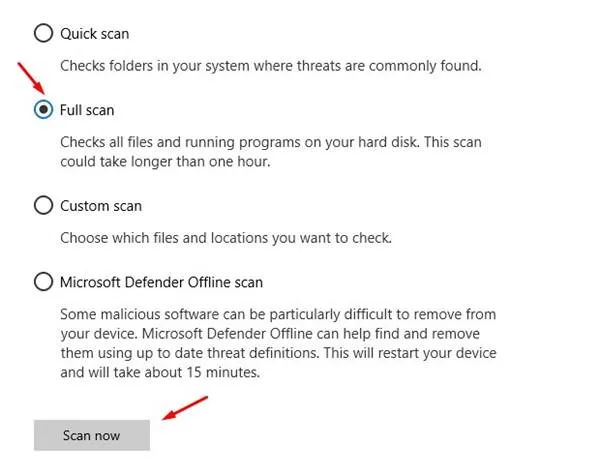 Изберете опцията „Пълно сканиране“ и след това щракнете върху „Сканирай сега“