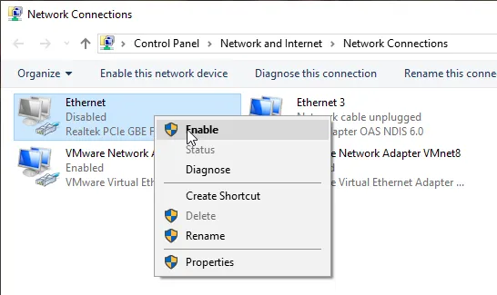 fikse dns-serveren som ikke svarer 10 - aktiver adapter