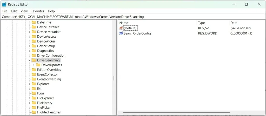 Accédez à la chaîne DriverSearching dans l'Éditeur du Registre