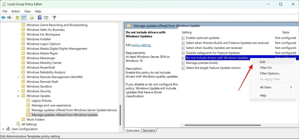 Høyreklikk på Ikke ta med drivere med Windowdsd Updates-verdi og velg Rediger i GPE