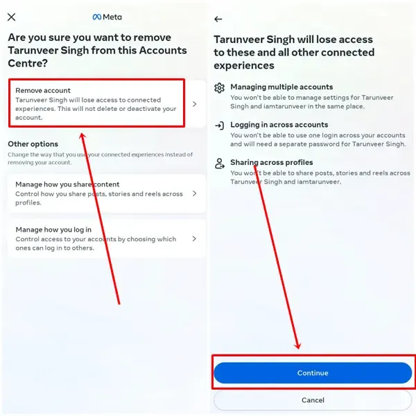 tocca Rimuovi account e poi Continua