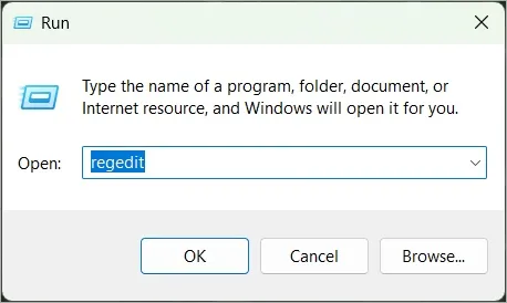 Öffnen Sie den Registrierungseditor mit dem Text „regedit“ im Dialogfeld „Ausführen“ von Windows