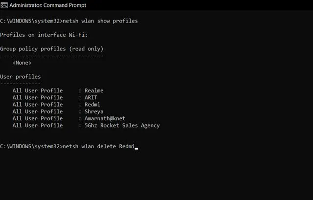 netsh wlan supprimer le nom du profil = 'nom du réseau'