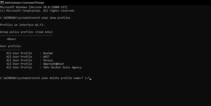 netsh wlan delete Profilname=* i=*