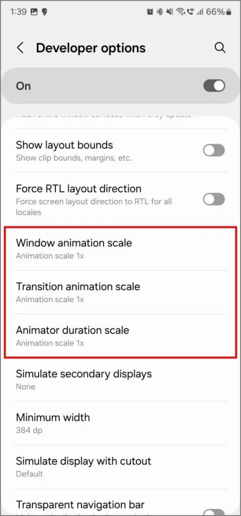 Android の開発者オプションのアニメーション スケール