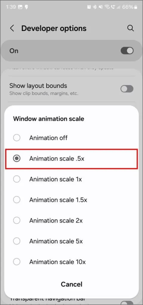 Escala de animación en Opciones de desarrollador en Android