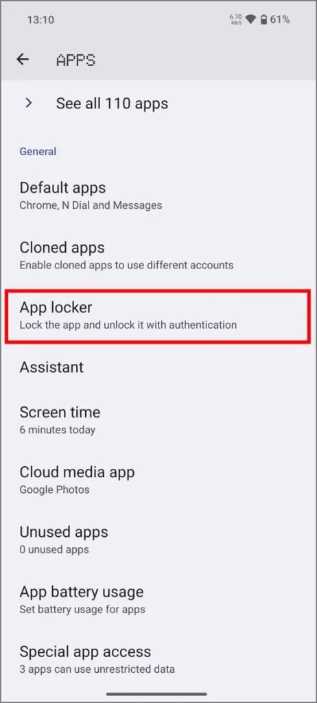 Funzionalità App Locker in NothingOS 2.5 sul telefono Nothing 2a