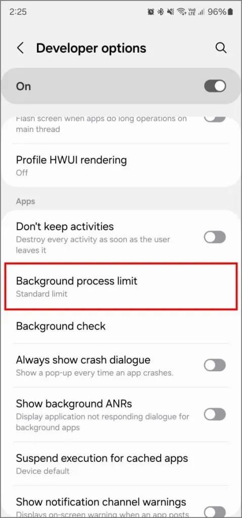 Límite de proceso en segundo plano en las opciones de desarrollador en Android