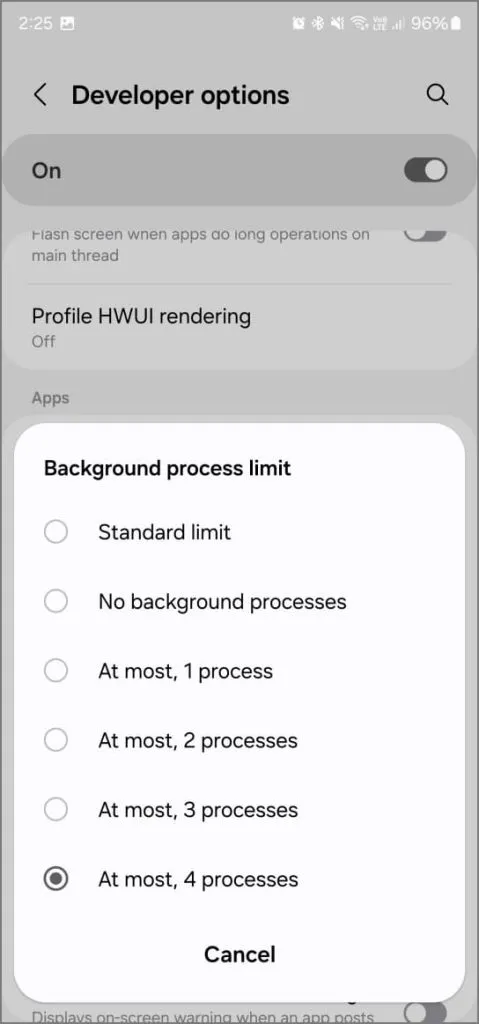 Límite de proceso en segundo plano en las opciones de desarrollador en Android