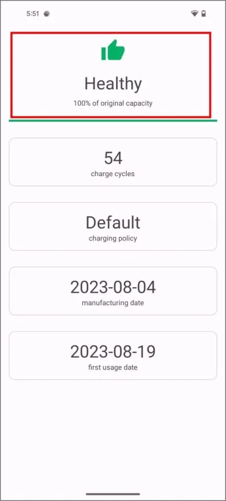 État de la batterie dans l’application Batt sur Android 14