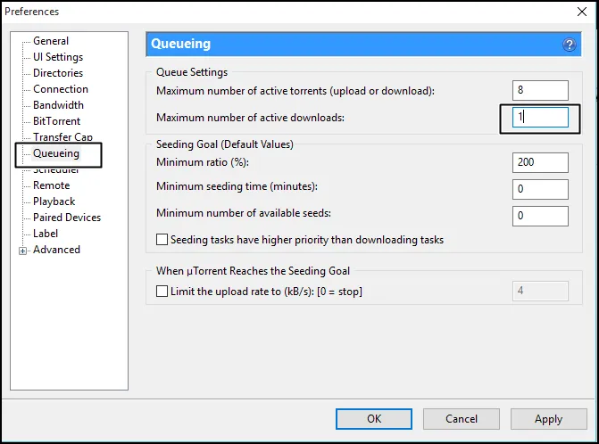 modificare il numero massimo di download attivi su 1