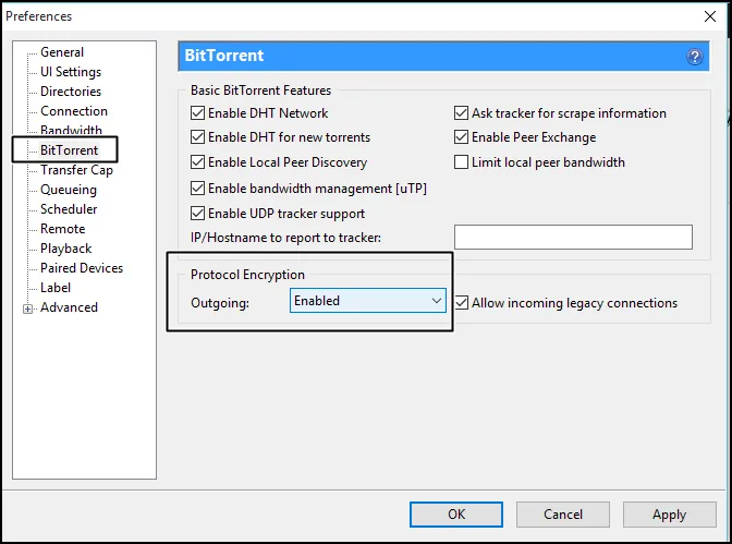 Ota Outgoing Protocol Encryption käyttöön