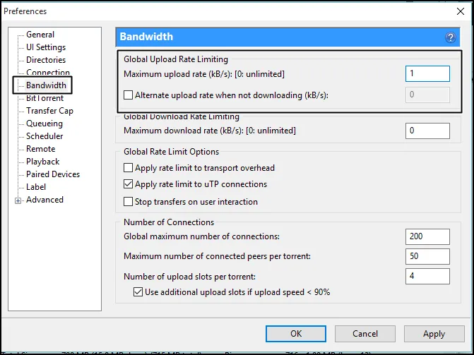 définir la limite maximale de téléchargement sur 1