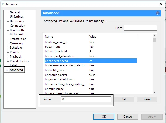 Nustatykite „bt.connect_speed“ į 80