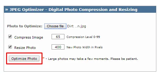 Clique em 'Optimize Photo' para iniciar o compressor de arquivo