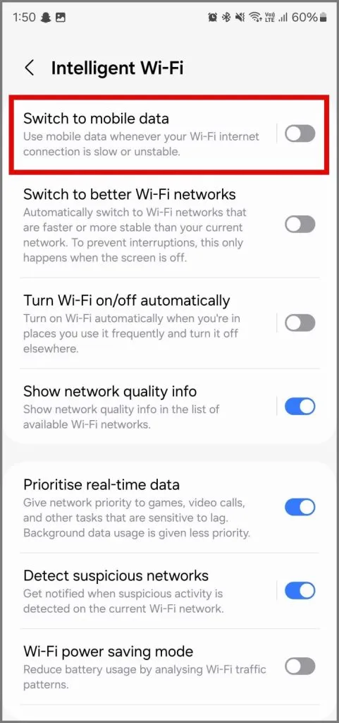 Atspējojiet slēdzi Pārslēgties uz mobilajiem datiem
