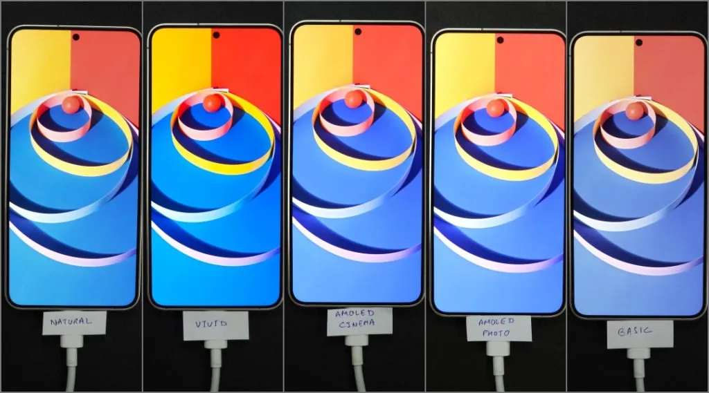 Dabiskie, spilgti, AMOLED kino, AMOLED fotoattēli un pamata ekrāna režīmi, salīdzinot ar Samsung Galaxy S24 tālruni