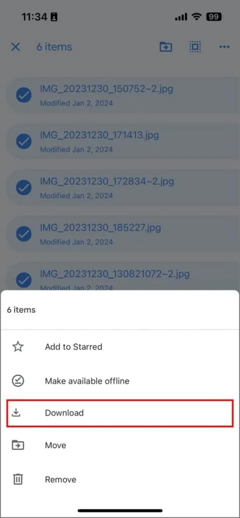 Опция за изтегляне в Google Drive на iPhone